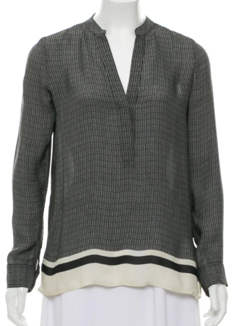 Vince Cream & Black Plaid / Striped V-Neck Blouse Size XS
